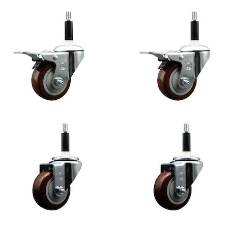 Service Caster 3'' SS Maroon Poly Swivel 7/8'' Expanding Stem Caster Set 2 Total Lock Brakes, 4PK SCC-SSEXTTL20S314-PPUB-MRN-2-S-2-78